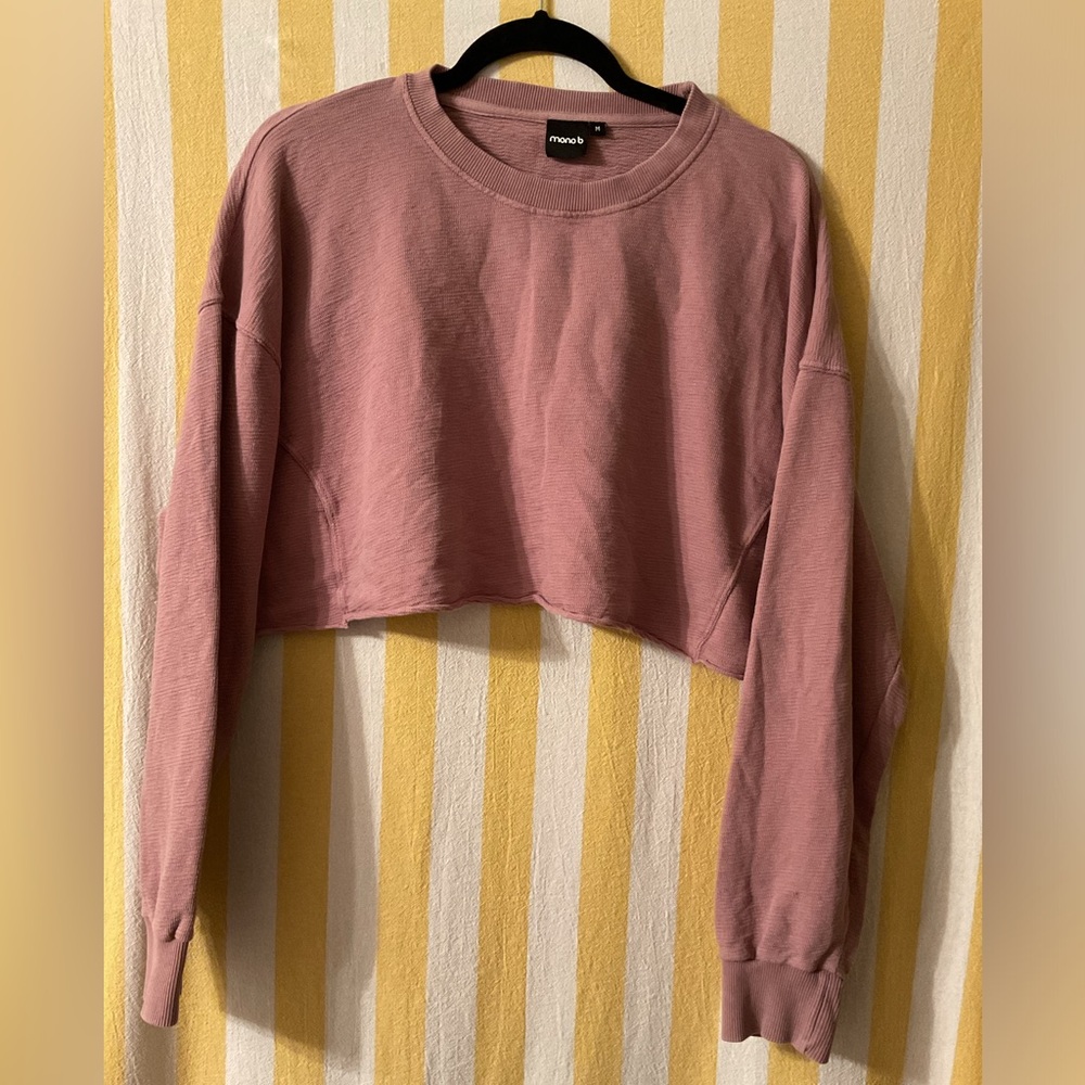 Mono B Dusty Mauve Pink Waffle Knit Raw Hem Cropped Sweatshirt Size M